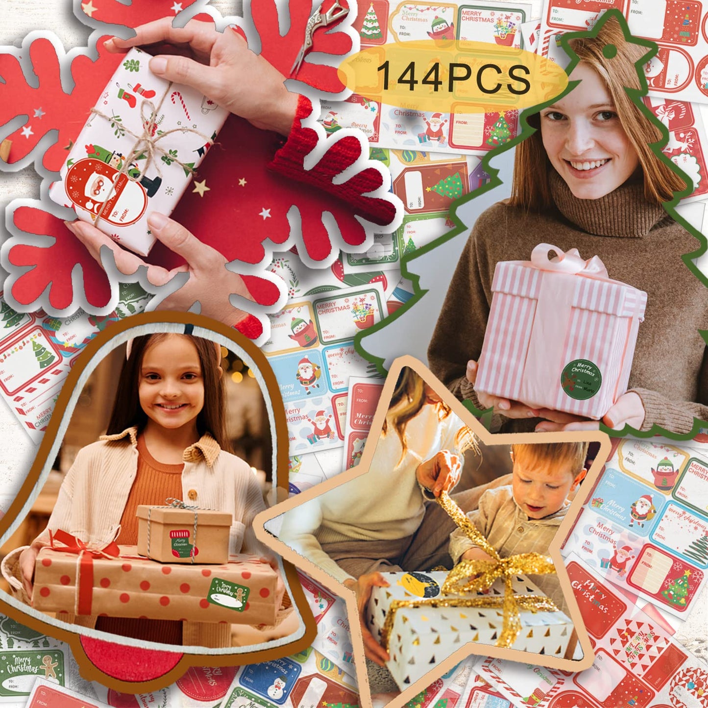 144 Pcs Christmas Self-Adhesive Gift Tag Stickers - Holiday Labels for Santa, Snowman, Tree, Reindeer - Present Name Labels for DIY Xmas Gifts