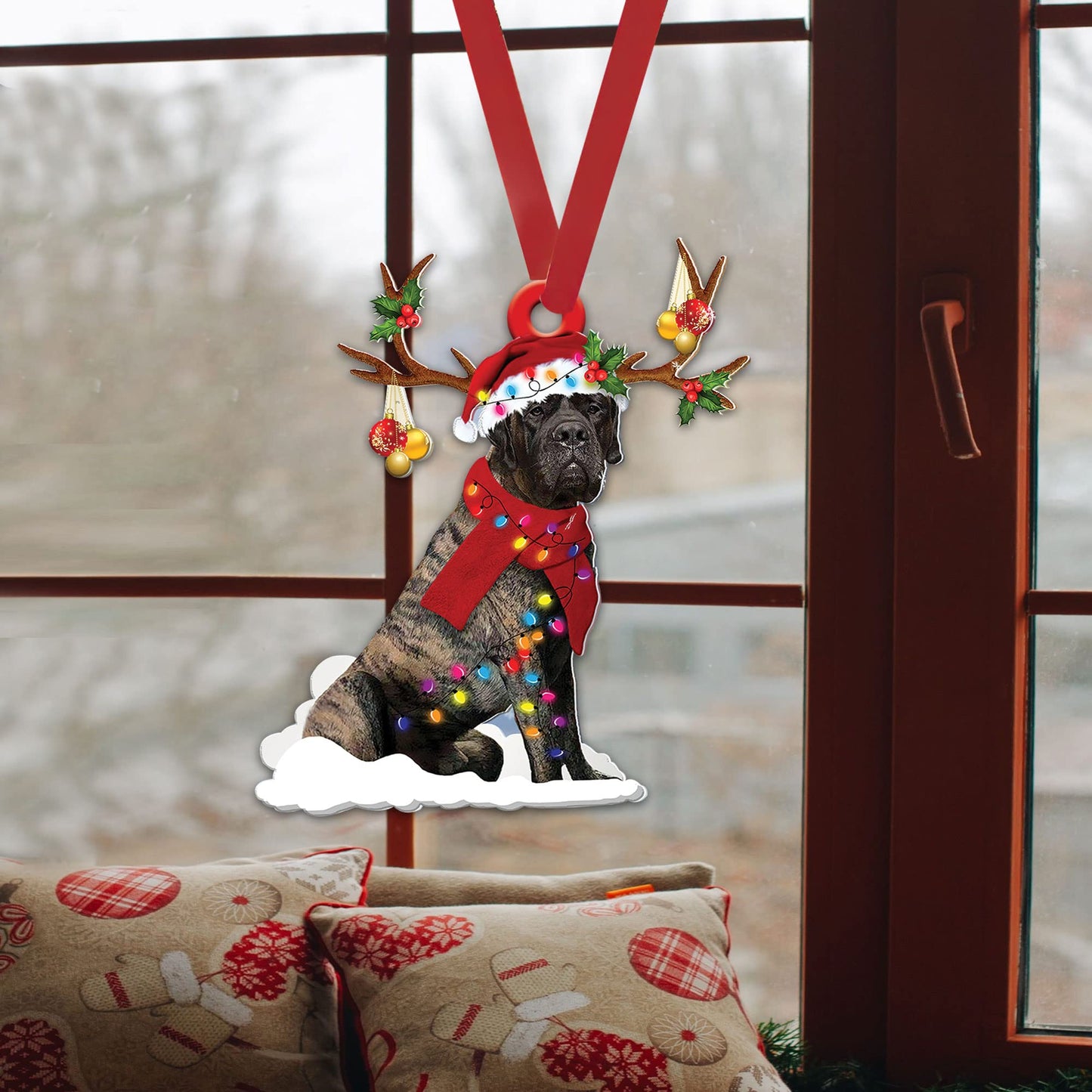 Talataca Brindle English Mastiff Christmas Hat Reindeer With String Light 2D Flat Car Rear View Mirror Accessories Christmas Tree Ornament Decoration Hanging Charm Interior Rearview Pendant Decor Gift