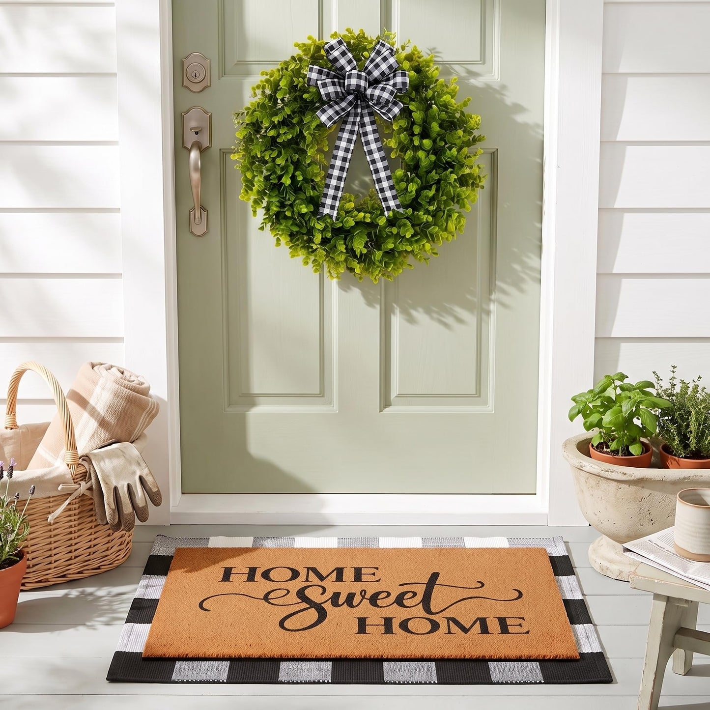 Britimes 3 Pcs Farmhouse Front Door Mat and Wreath Set Home Sweet Home Faux Coir Doormat Buffalo Plaid Layering Rug and 19" Greenery Wreath Outside Decor for Porch