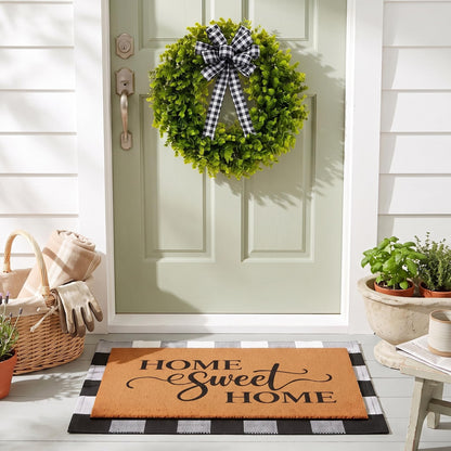 Britimes 3 Pcs Farmhouse Front Door Mat and Wreath Set Home Sweet Home Faux Coir Doormat Buffalo Plaid Layering Rug and 19" Greenery Wreath Outside Decor for Porch