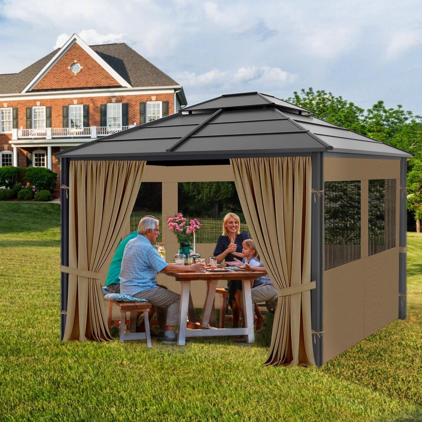 aonear Gazebo Privacy Curtains 10' x 10' with Mosquito Windows, 4-Panels Side Wall with Zipper Universal Replacement for Patio, Outdoor Canopy, Garden and Backyard, Khaki (Curtain Only)