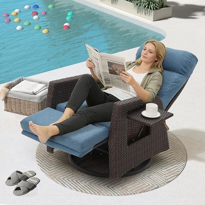 Adjustable Outdoor Recliner Chair with Independent Backrest & Footrest, Patio Swivel Recliner Chair, Wicker Reclining Patio Chair w/Flip-Up Table, Air Pump 155° Lay Flat Chaise Lounge, Blue