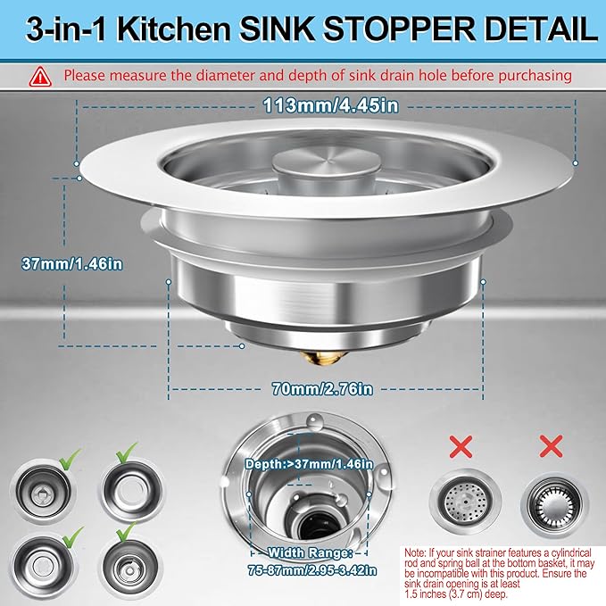 3-in-1 Kitchen Sink Drain Strainer Stopper, Upgraded Stainless Steel Sink Plug