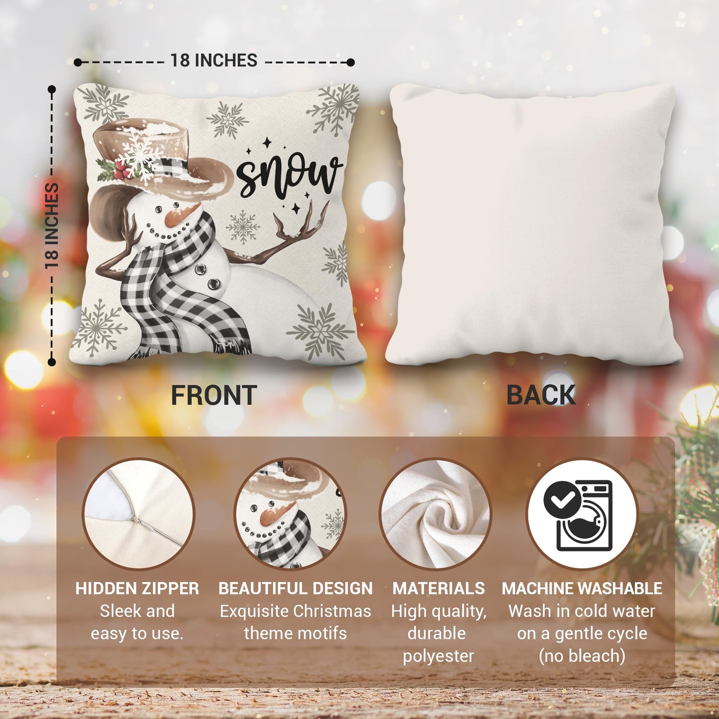 BoopZilla Set of 4 Christmas Pillow Covers, Winter Holiday Decorative Throw Pillow Covers, Cute Snowman-Reindeer-Mittens-Eucalyptus Design, Cozy Christmas Decor for Sofa Couch (18" x 18" (Pack of 4))