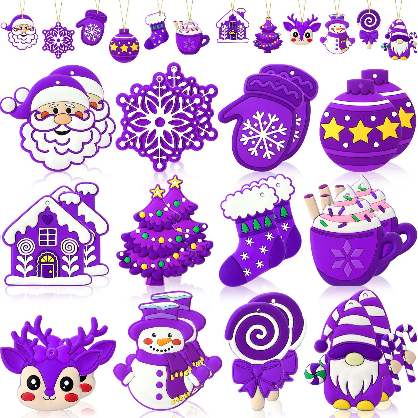 Lunmon 24 Pcs Purple Christmas Ornaments PVC Pastel Ornaments for Christmas Tree Santa Claus Gingerbread House Gnomes Xmas Baubles Winter Decorations for Xmas Tree Party Holiday Decor