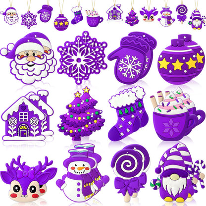 Lunmon 24 Pcs Purple Christmas Ornaments PVC Pastel Ornaments for Christmas Tree Santa Claus Gingerbread House Gnomes Xmas Baubles Winter Decorations for Xmas Tree Party Holiday Decor