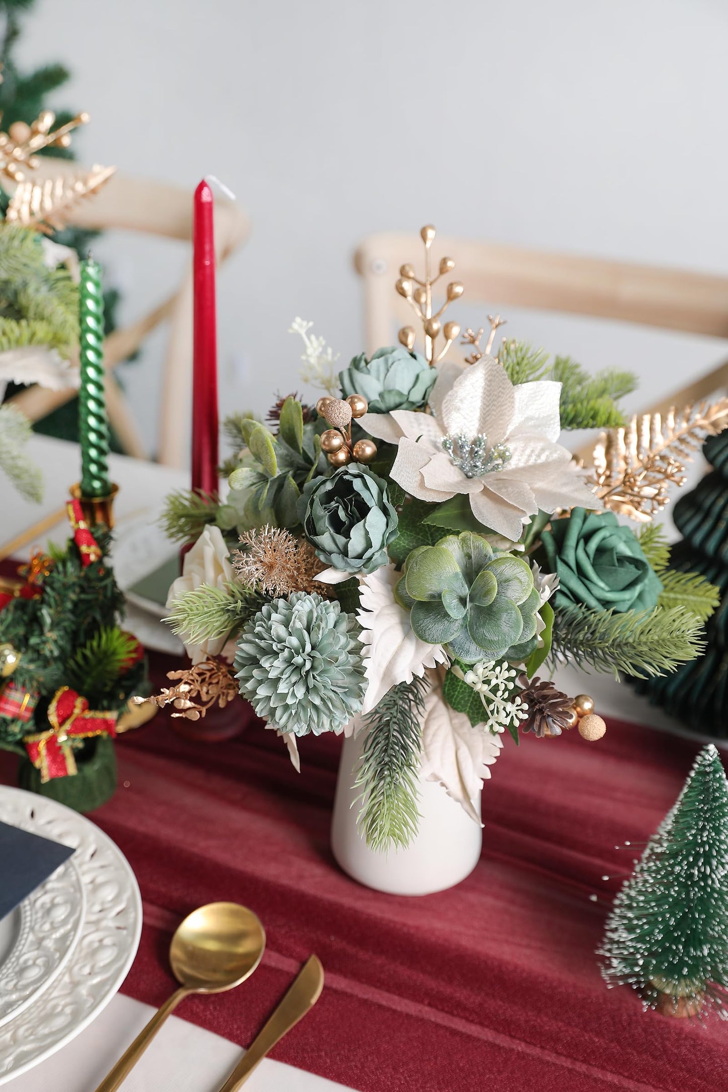 rongflower Christmas Artificial Flowers Greenery Combo Box Set Silk Flowers Fake Rose for DIY Christmas Red Theme Decoration Tree Ornaments, Xmas Wreath Floral Arrangements Party