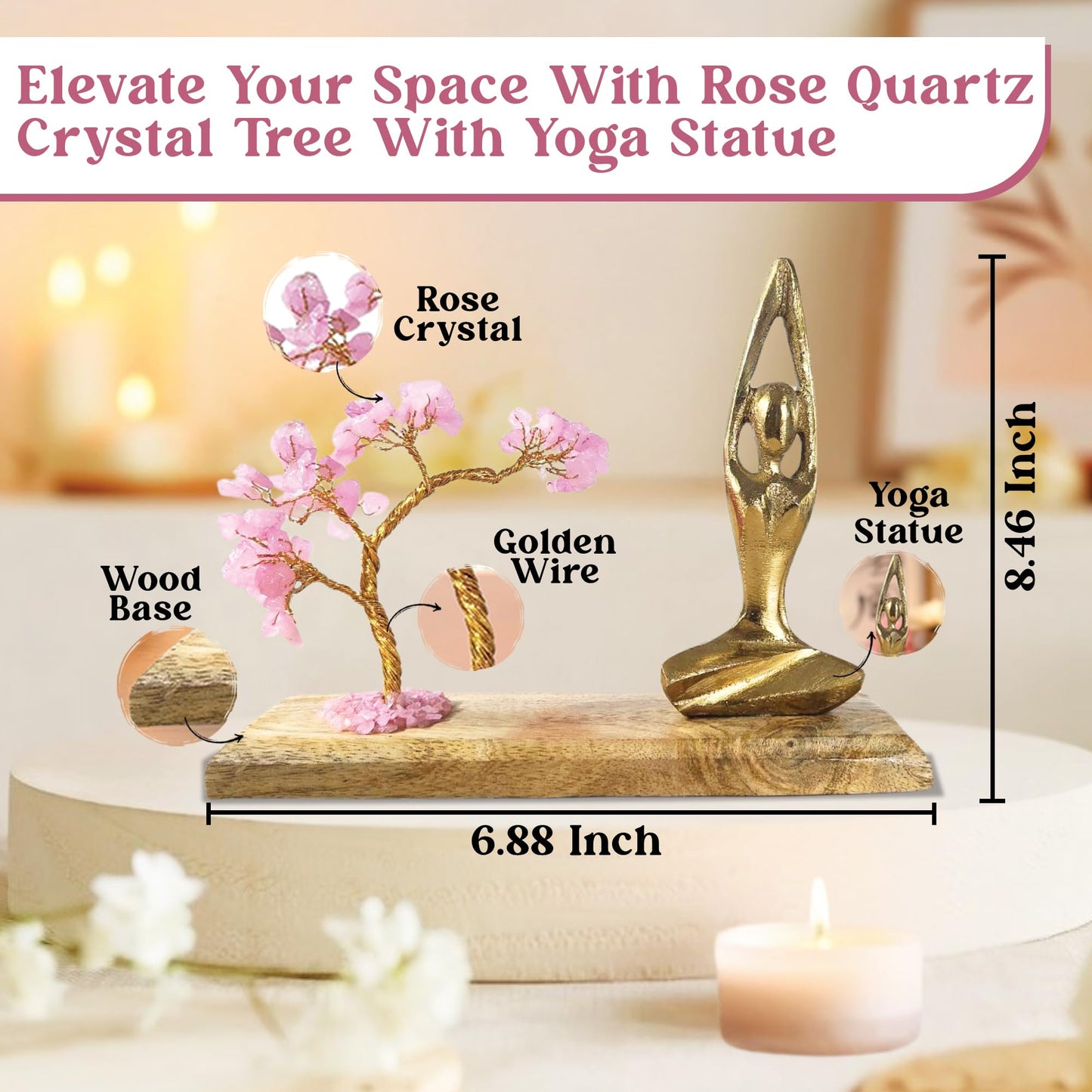 HOME INFINIX Rose Quartz Crystal Tree with Golden Yoga Figurine – Handmade Bonsai Gemstone Tree on Wooden Base for Healing & Positivity, Meditation, Feng Shui, Reiki, Spiritual Home Decor, Zen Gift