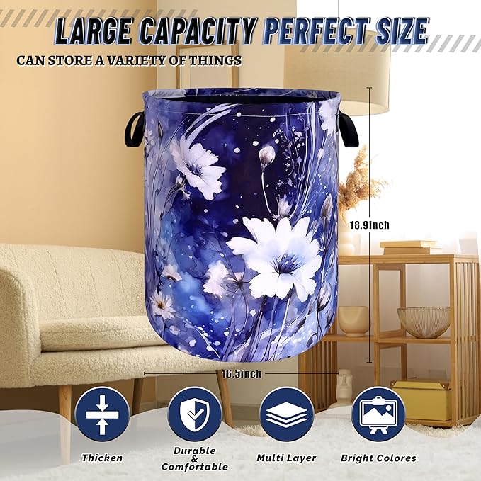 Blue Daisy Flower Laundry Basket Foldable Oxford Cloth Watercolor Floral