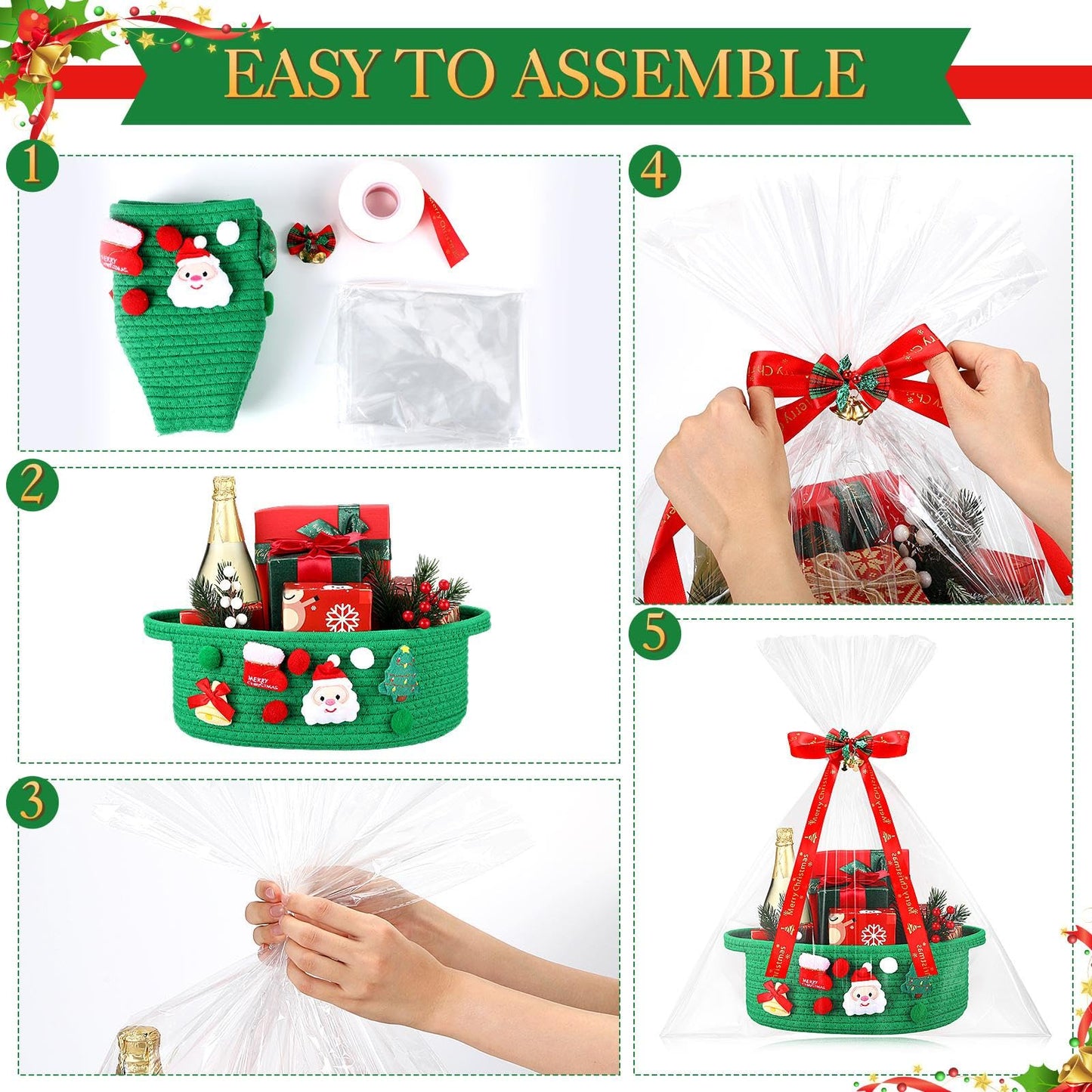 Funnymoom 3 Set Christmas Gift Basket Empty Small Woven Basket with Gift Bag Bow Ribbon Xmas Card 12" x 8" x 5" Cotton Rope Storage Bin with Handle for Christmas Holiday Decoration(Green,Classic)