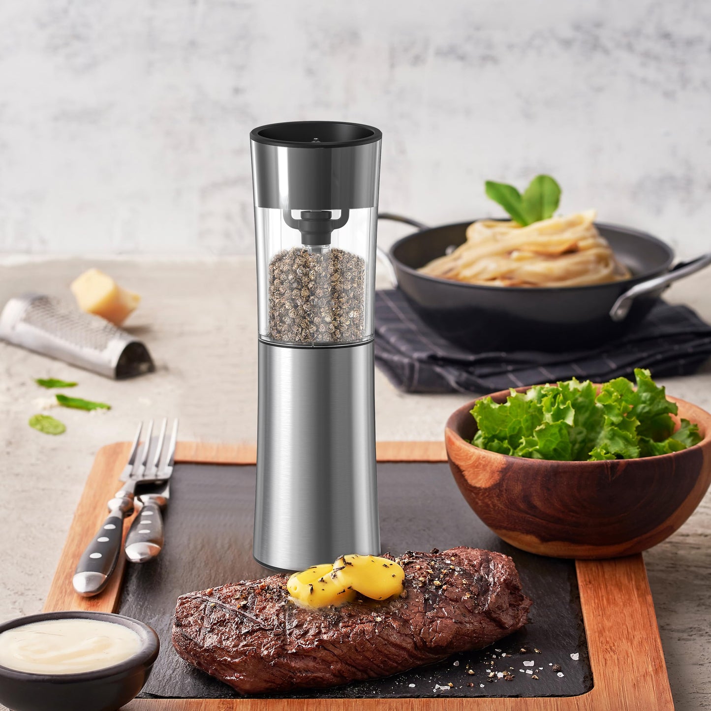 VITSOL Gravity Electric Salt and Pepper Grinder Set, No Battery Needed, One Handed Operation, Automatic Salt & Pepper Mill - Spice Grinder, LED Light (2 Pack) (Stainless Steel Silver)