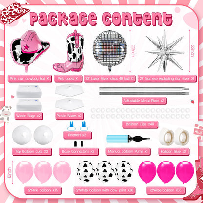 Kasyat 2 Sets Disco Cowgirl Balloon Column Stand Kit with 4d Cowgirl Hat Boots Disco Ball Exploding Stars Balloons Hot Pink Silver Arch Kit for Floor for Western Birthday Party Decorations