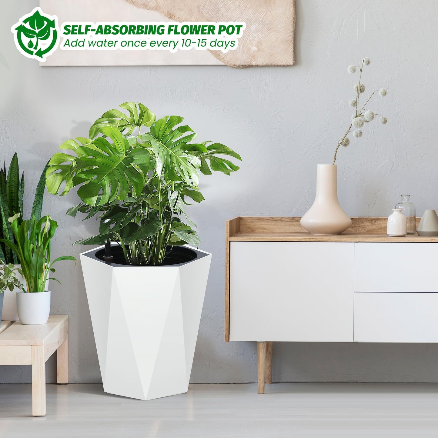 LuyFuitre Set of 2 Tall Planters for Outdoor Plants, 16 Inch Tall Planter Pots with Water Level Monitor, Wheels & Inner Bucket for Indoor Outdoor, White