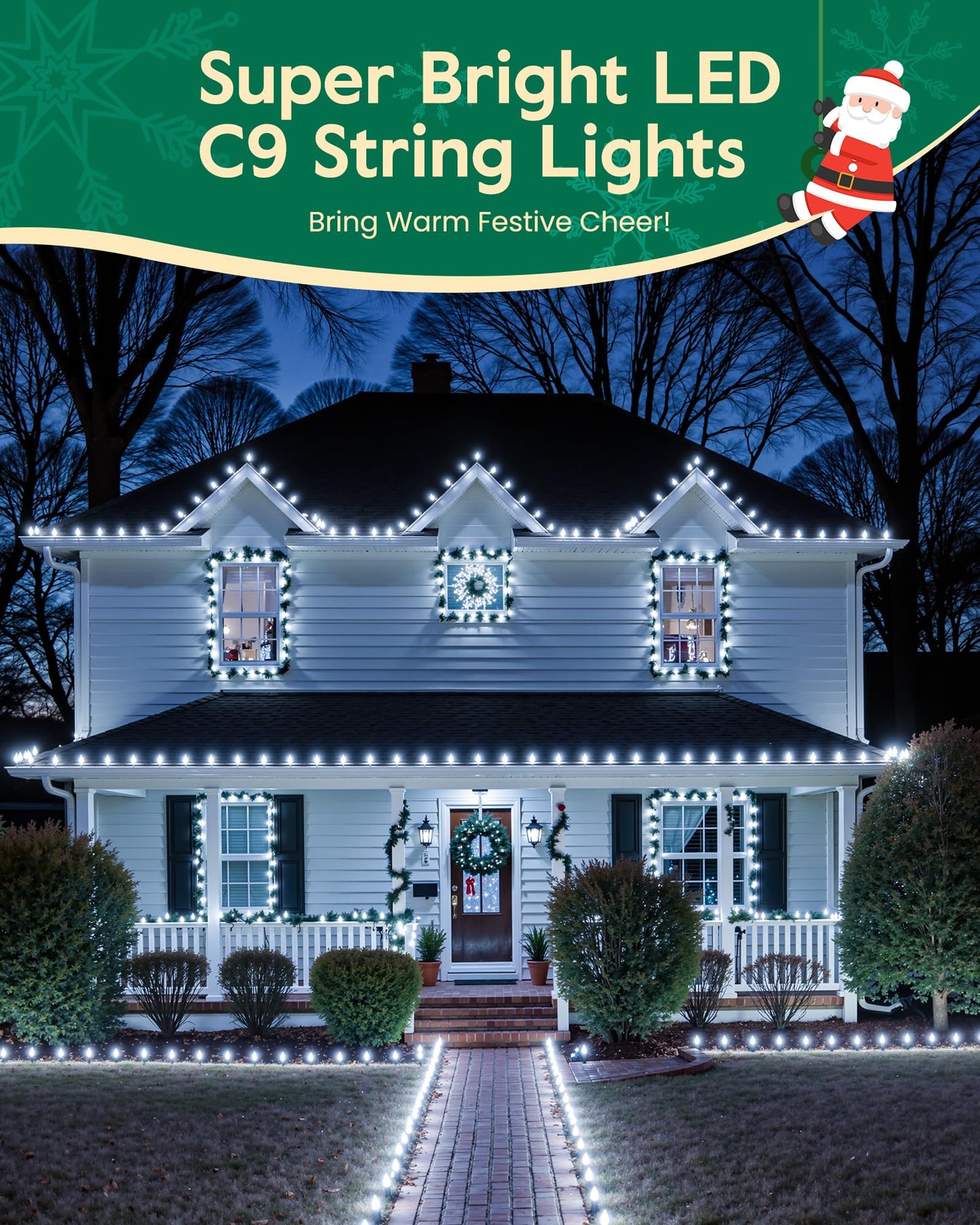 C9 LED Christmas Lights Outdoor with 100 Spring Clips, 65FT 100 LED C9 String Lights Waterproof Connectable for Roofline Patio House Yard Windows Xmas Tree Indoor Outdoor Christmas Decorations, White