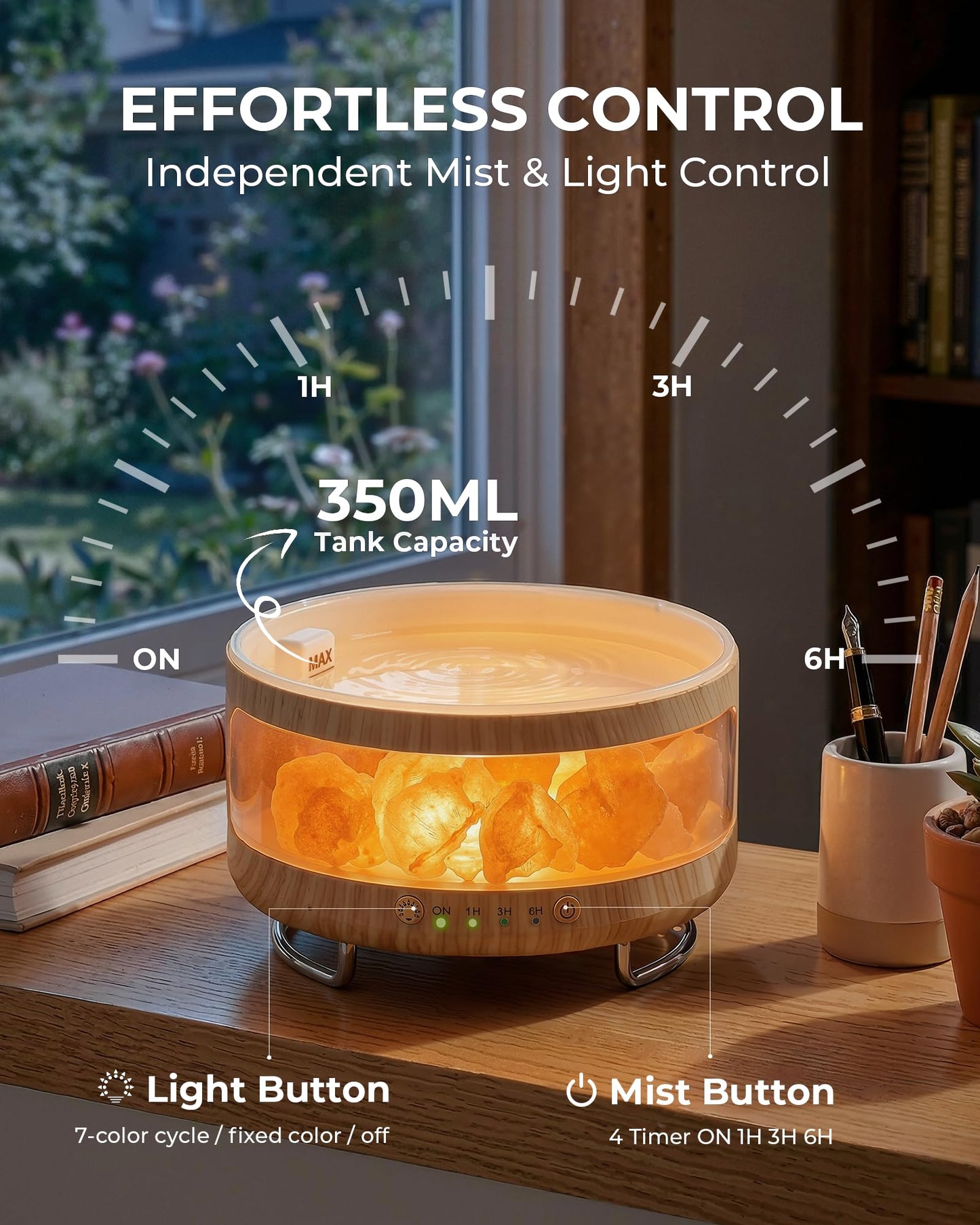 Essential Oil Diffuser with Himalayan Salt Lamp, 350ml Ultrasonic Aromatherapy Humidifier, 7 Colors LED Light, Timer & Auto Shut-Off for Home Bedroom Office Spa Yoga
