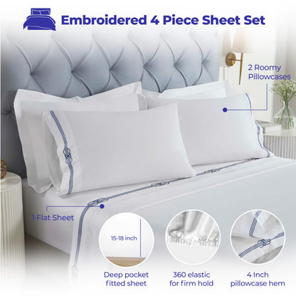 Superior Embroidered Cotton Bed Sheet Set, 1 Elastic Deep Pocket Fitted Sheet, 1 Flat Sheet, 2 Pillowcases, Daily Soft Sheets, Luxury, Elegant Design, Moonlawn Collection, Queen Size, White/Navy Blue