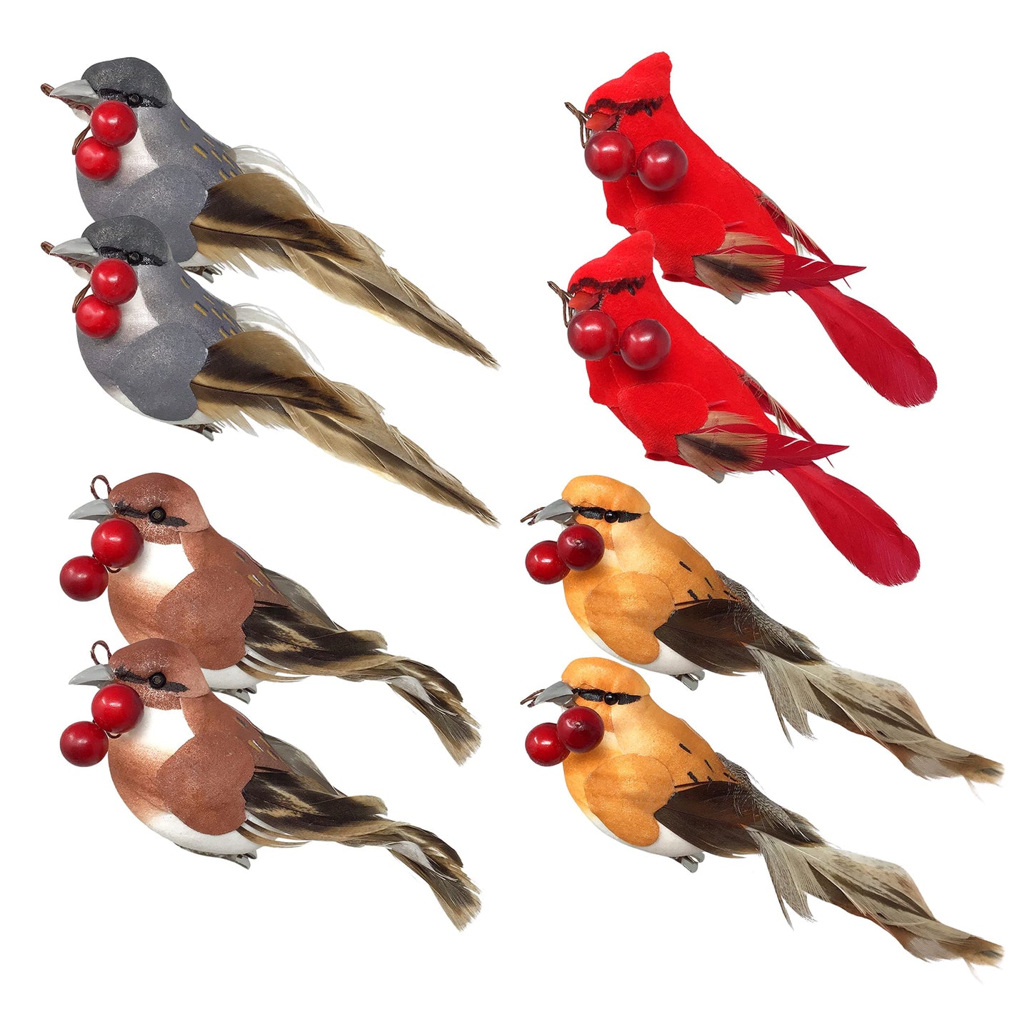 Feathered Song Bird Clip-On Christmas Ornaments - Set of 8 Assorted Styles of Birds with Metal Clips - Cardinals Orioles Finches Chickadees - $2.12 Each - Carrying Red Berries - Measures 4"W