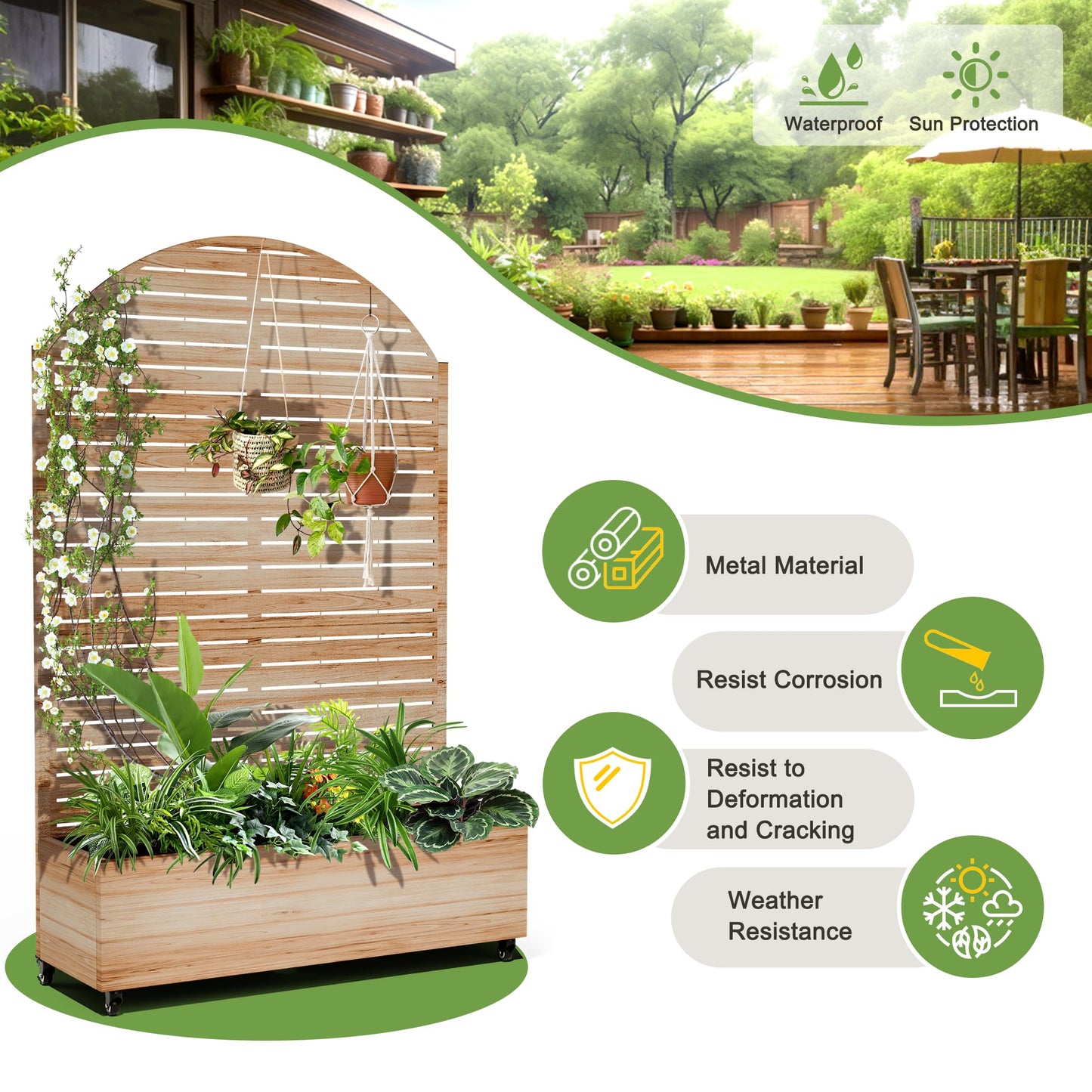 FENCY Metal Raised Garden Bed with Wheels and Trellis,Arched 73"x47"x16" Planter Box for Climbing Plants, Vegetables & Vines, Features Privacy Screen and Drainage Holes (Acacia Wood Finish)