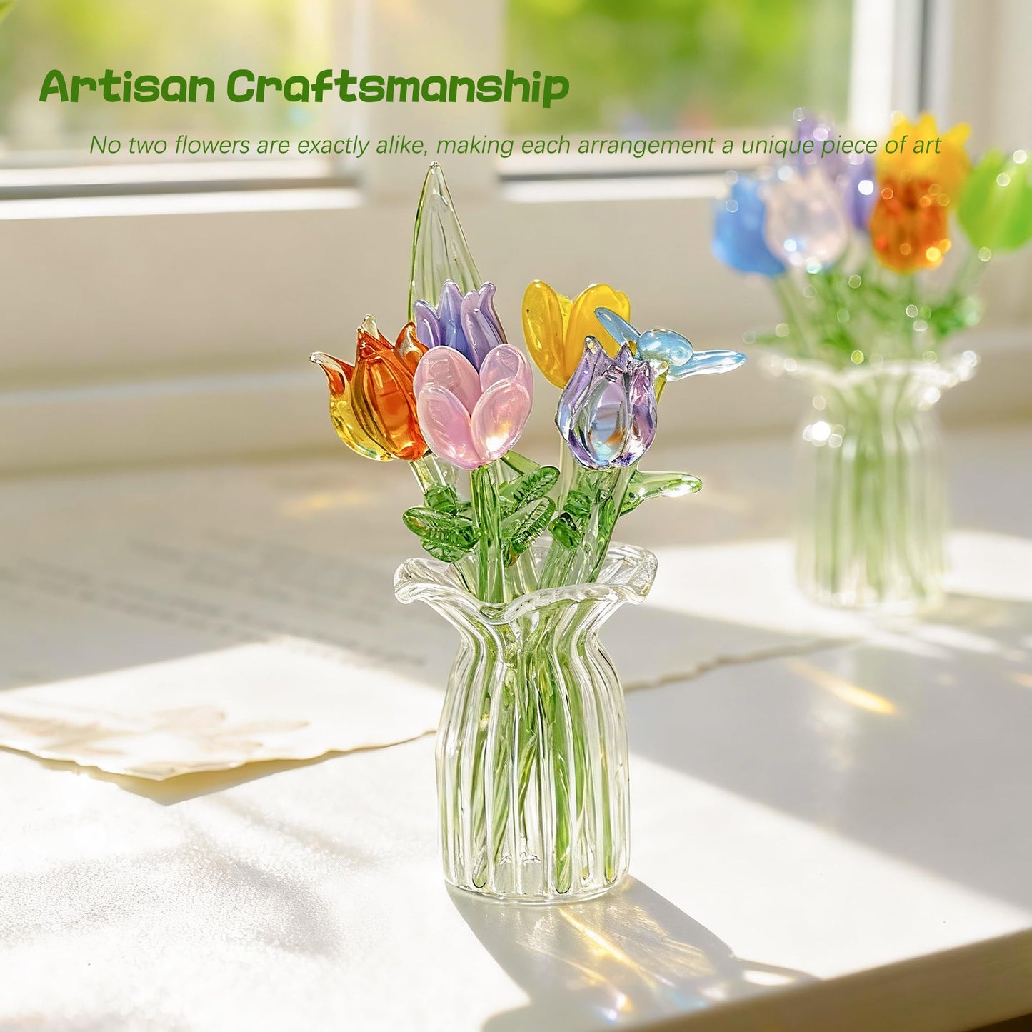 H&D HYALINE & DORA 7 Pcs Mini Glass Flower Hand Blown Glass Artificial Flowers with Clear Vase Crystal Wildflower Collectible Ornament for Women Mom Wedding Home Table Centerpiece(Style 1)