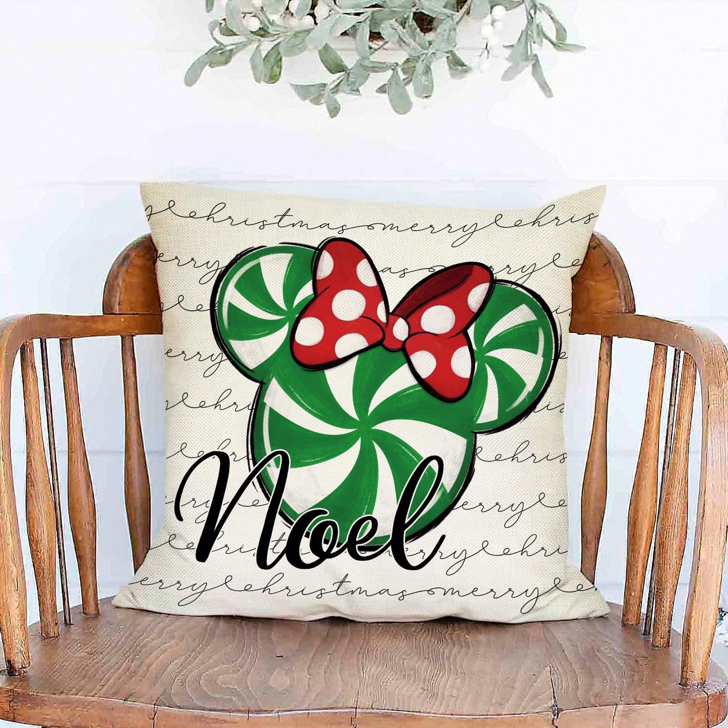 Ussap Merry Christmas Decorative Throw Pillow Covers 18 x 18 Set of 4, Xmas Candy Cane Wreath Red Green Bow Cushion Case Decor, Noel Joy Winter Holiday Farmhouse Home Sofa Couch Decoration