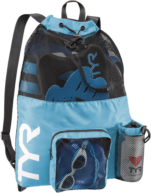 TYR Big Mesh Mummy Backpack for Swim, Gym and Workout Gear, Blue, 40-Liter Capacity
