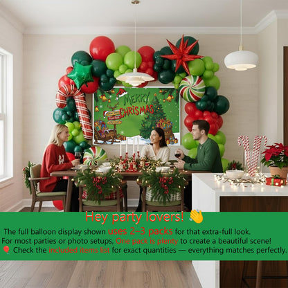 Christmas Balloon Garland Arch Kit with backdrop Xmas Red Green Balloons Candy Cane Santa Claus Star Foil Balloons for Christmas New Year Birthday Party Decorations