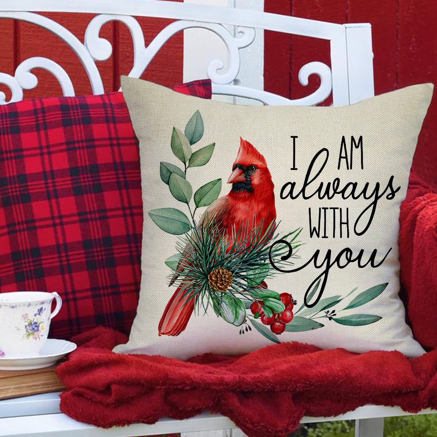 Ussap I Am Always with You Cardinal Red Birds Decorative Throw Pillow Cover Set of 4, Pine Cones Berry Cushion Case Decor, Winter Holiday Memorial Pillowcase Christmas Decorations for Sofa Couch 18x18