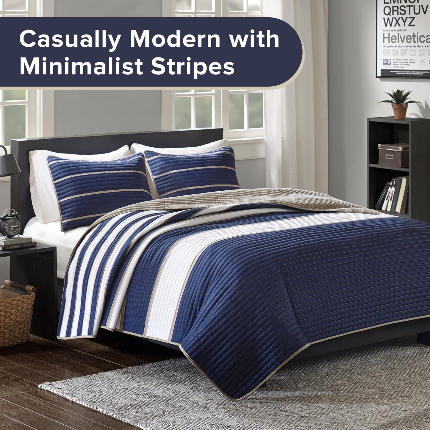 Comfort Spaces Quilt Set Trendy Casual Fun, Vibrant Color Design, Hypoallergenic All Season, Lightweight Coverlet Bedspread Cozy Kids Bedding & Sham Full/Queen Verone White Blue Stripe 3 Piece