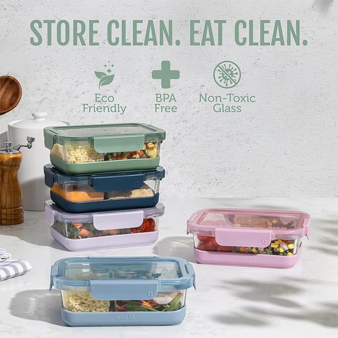 Ello Duraglass Refresh 3.4 Cup Divided Meal Prep Set 10Pc, 5 Pack, 2