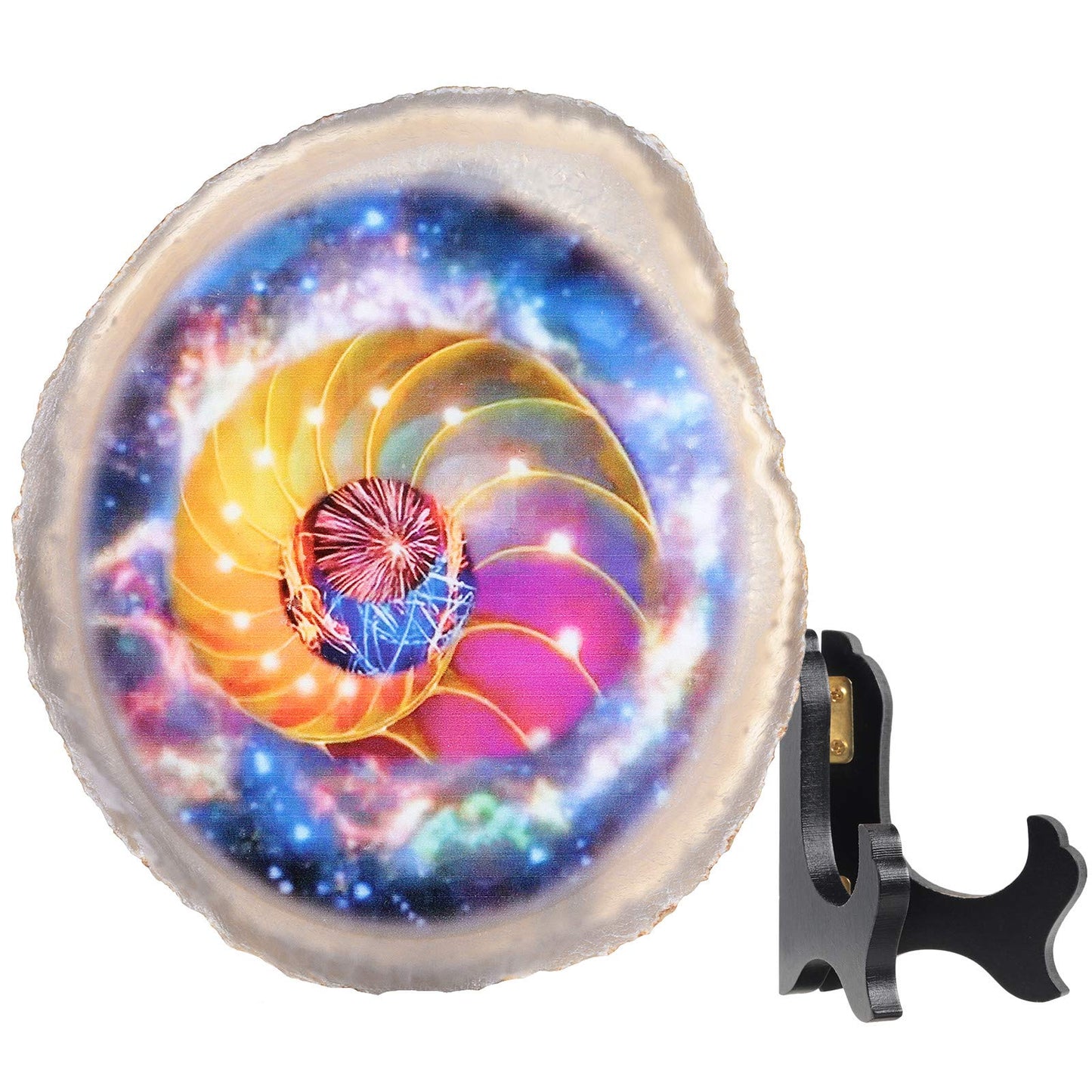 Rockcloud Colorful Space Agate Slab Display with Wooden Stand Irregular Shape Agate Slice Stone Home Office Desk Ornament, 3.9"-4.7"