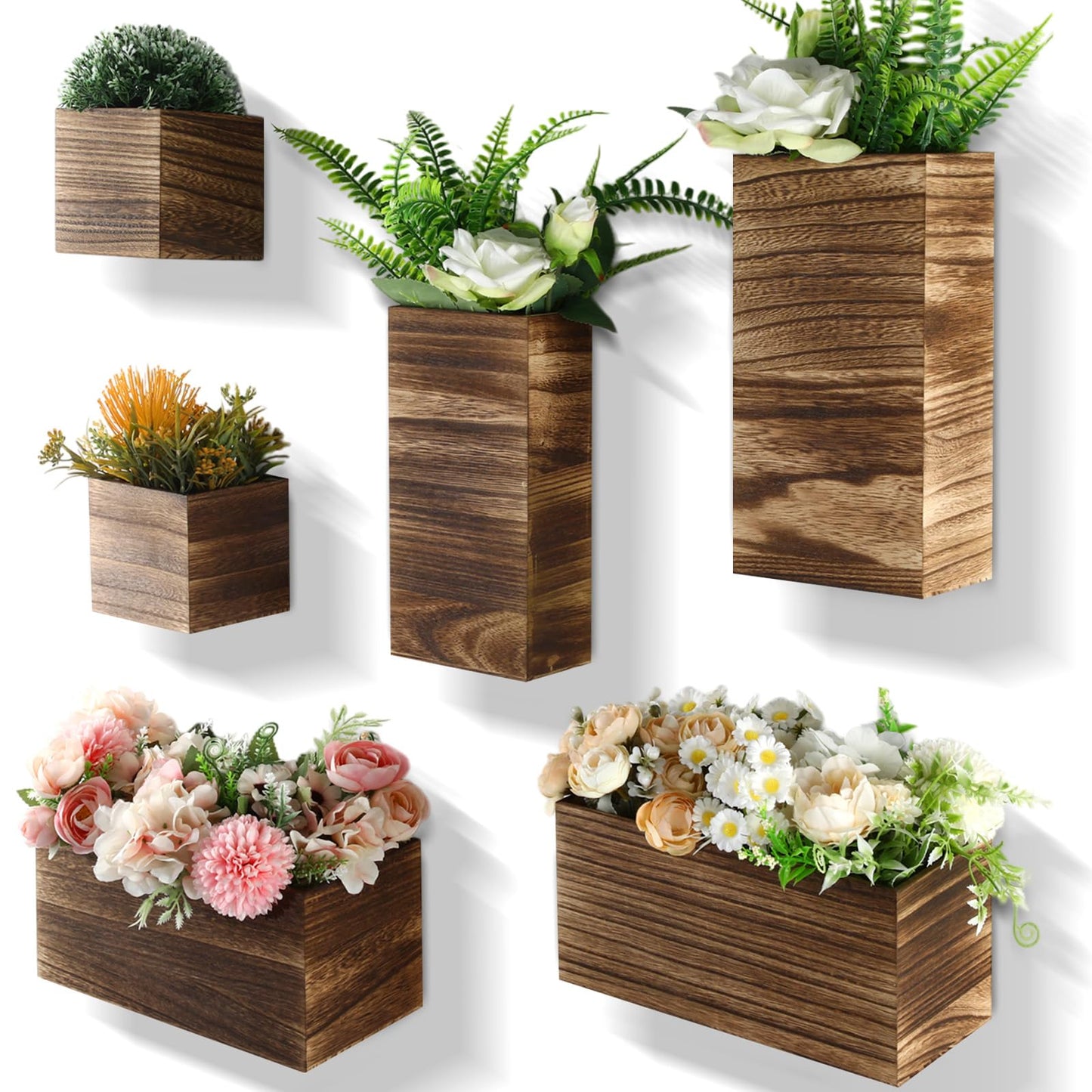 Ziliny 6 Pack Rustic Wood Wall Planters Hanging Wall Planters Pocket Vases Hanging Decor Vase for Plants Dried Flowers Faux Greenery Plants Indoor Living Room Bedroom Farmhouse Home Decor(5 Sizes)