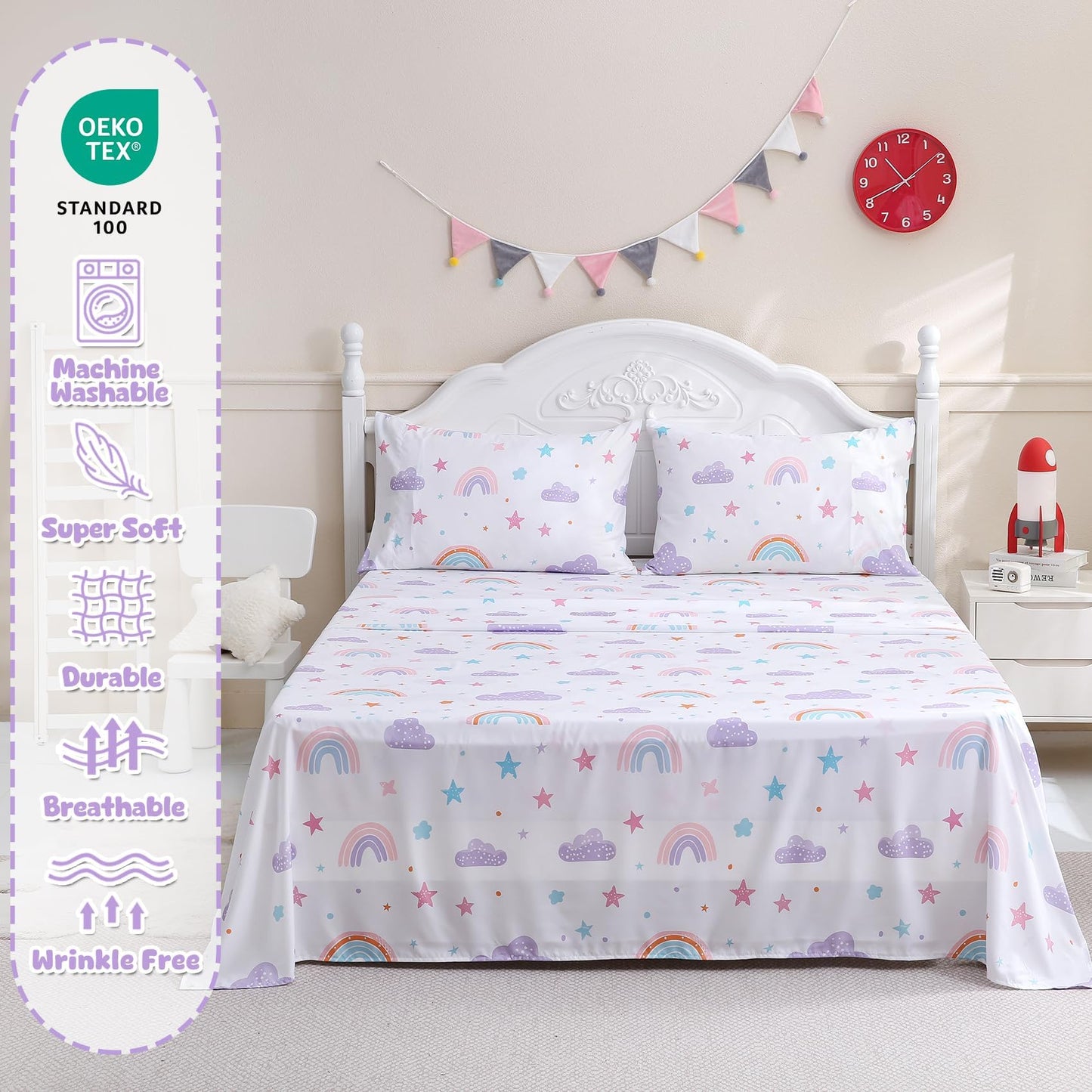 Ocharo Full Size Rainbow Bed Sheets for Girls Kids- Soft Microfiber Stars Printed Sheet Set 4 Pieces with Deep Pockets,Breathable & Fade Resistant Purple Pink Clouds Bedding Set