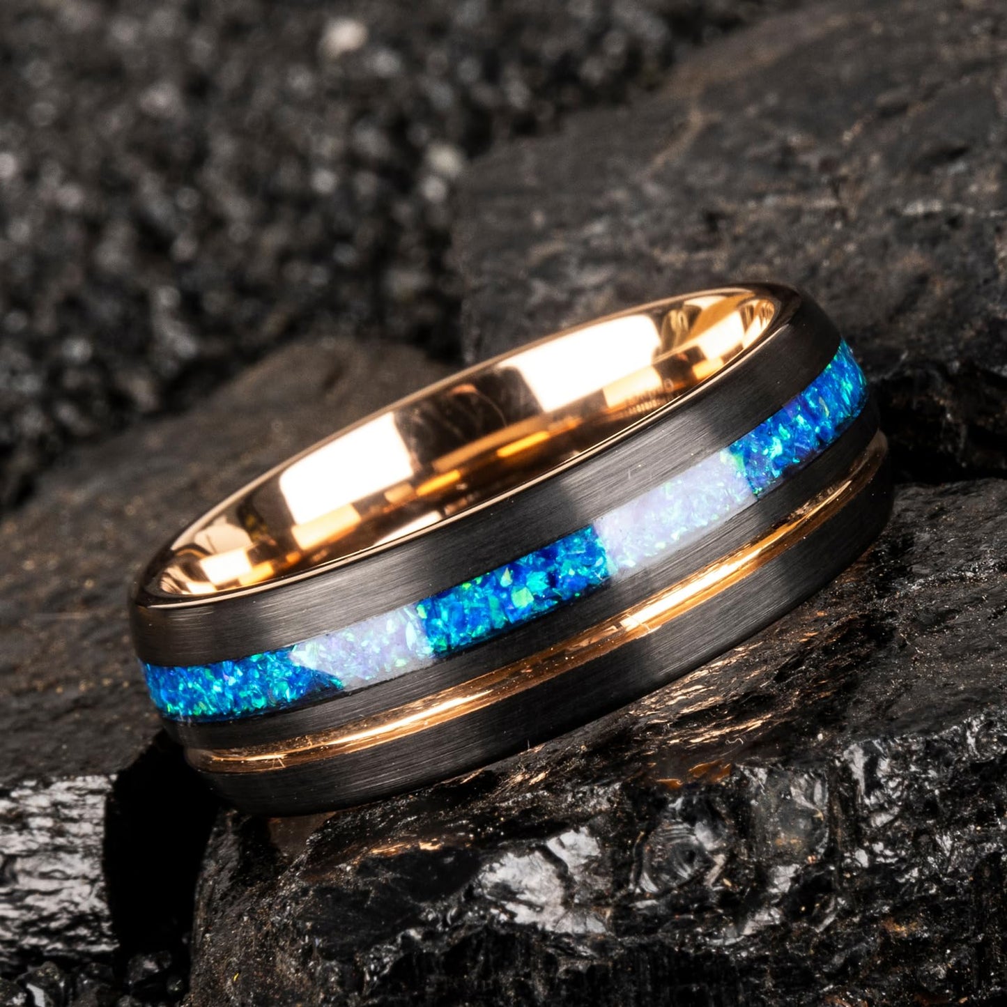 JEWPER 8mm Men Womens Wedding Band Tungsten Rings Black Blue rose gold Fashion Promise Carbide outer ring Inlaid Opal groove design Matte Finish Edge Comfort Fit Size(13)