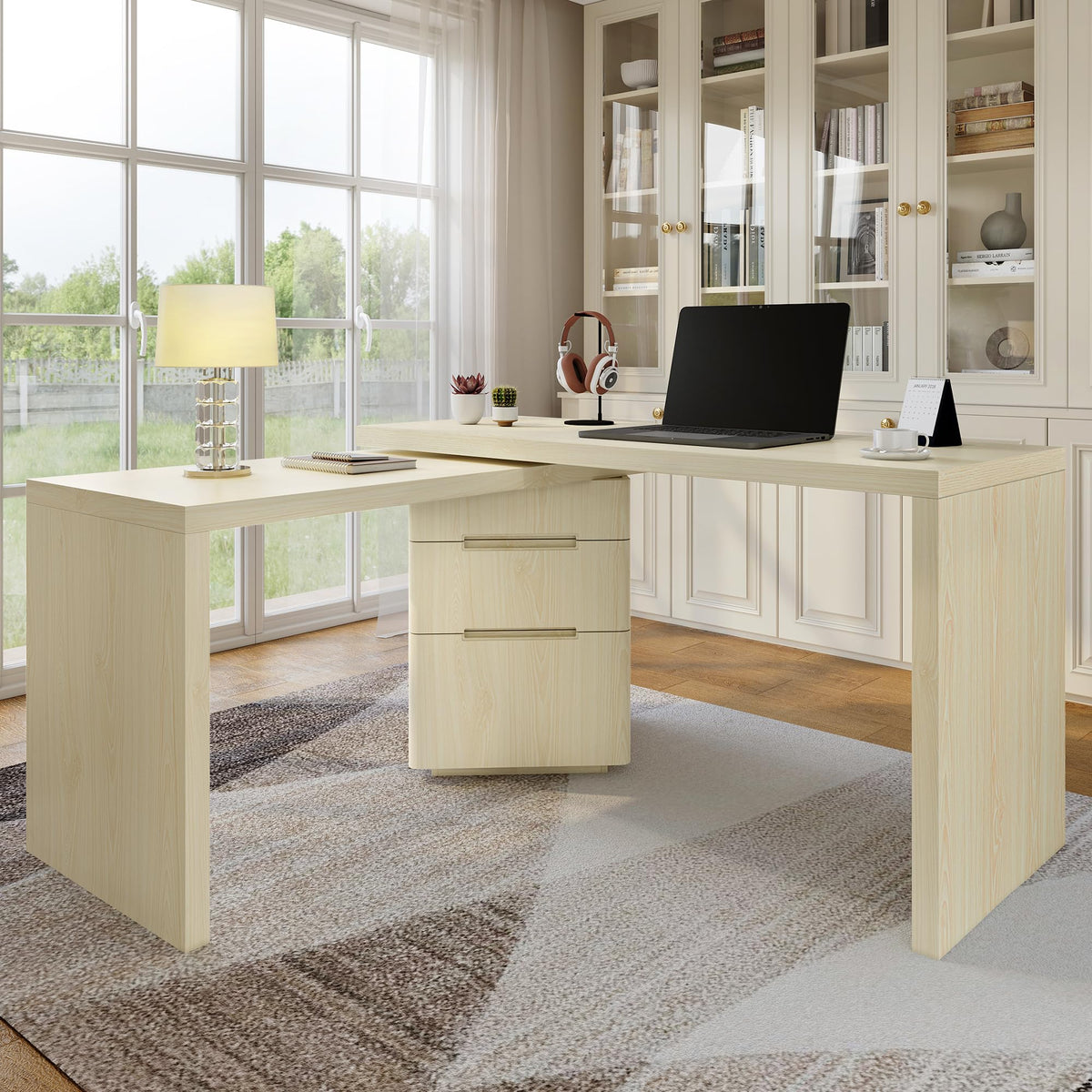 Merax 360° Rotating L-Shaped Desk with 3 Drawers | 90" Modern Corner Computer Desk for Home Office, Living Room, Executive Writing Study Work, Natural Wood