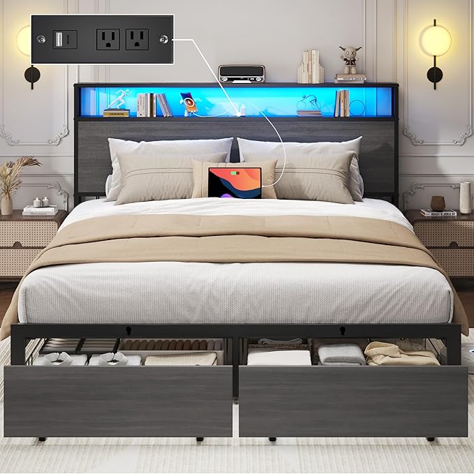 Lifezone Queen Bed Frame with 2-Tier Storage Headboard, Bedroom Metal Bed Frame