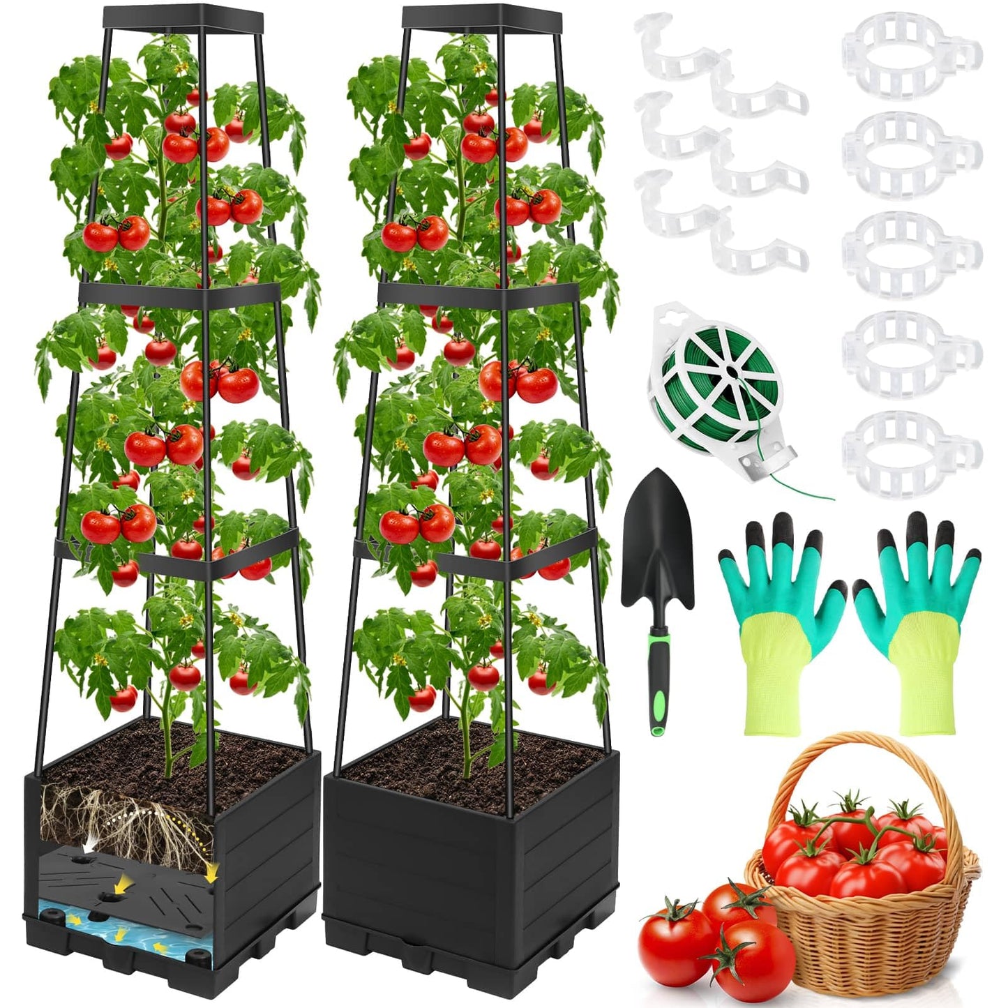 2 Packs Tomato Planter Pot with Raised Bed Trellis, 45" Tomato Cages for Climbing Vegetables, Self Watering Tomato Growing Container Planters Box for Indoor Outdoor Garden Bed Greenhouse