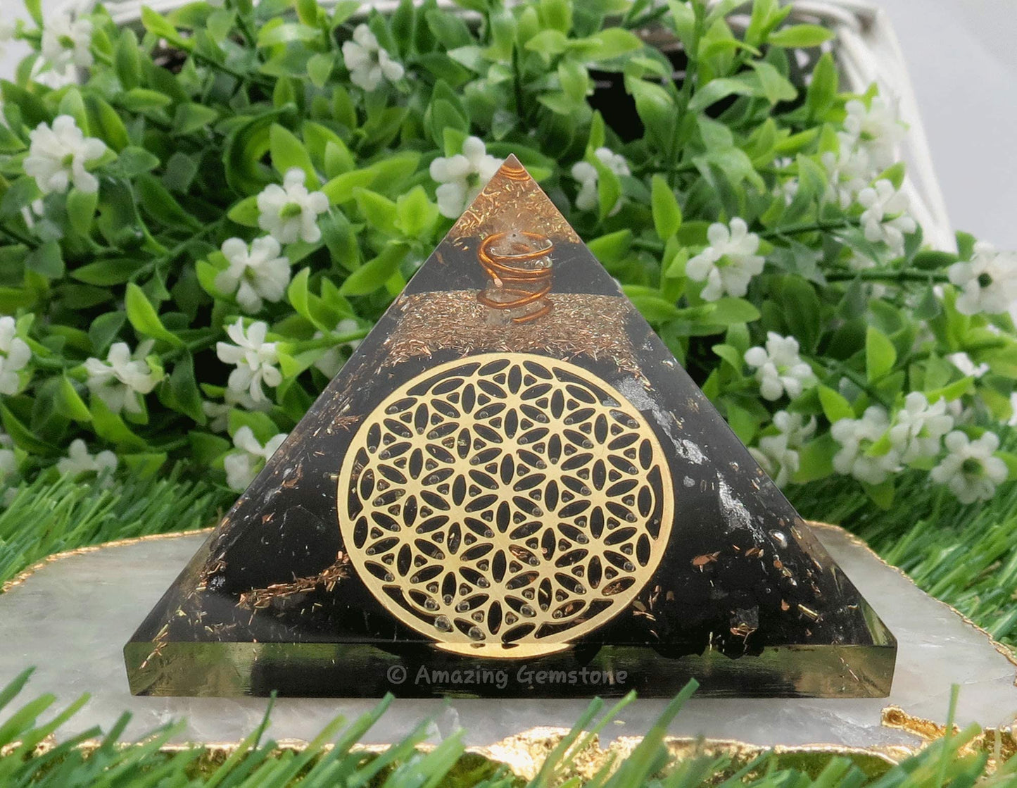 Amazing Gemstone Large Shungite Orgone Pyramid Crystal - Flower of Life Orgonite Pyramid - Positive Energy Healing