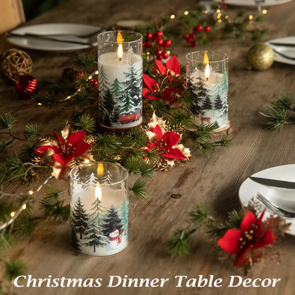 LUSHARBOR LUSHABOR Christmas Flameless Candles, 3 Pack Battery Operated Candles for Christmas Mantel Decor, Glass LED Flickering Candles Home Xmas Party Holiday D3 H4 5" 6", Trees