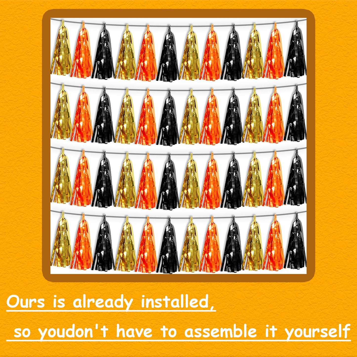 4P Orange Gold Black Tassel Banner Garland Metallic Foil Fringe Banner Tinsel Tassels Streamer Banner Backdrop for Parade Floats, Graduation Decorations, Halloween, Christmas Decorations
