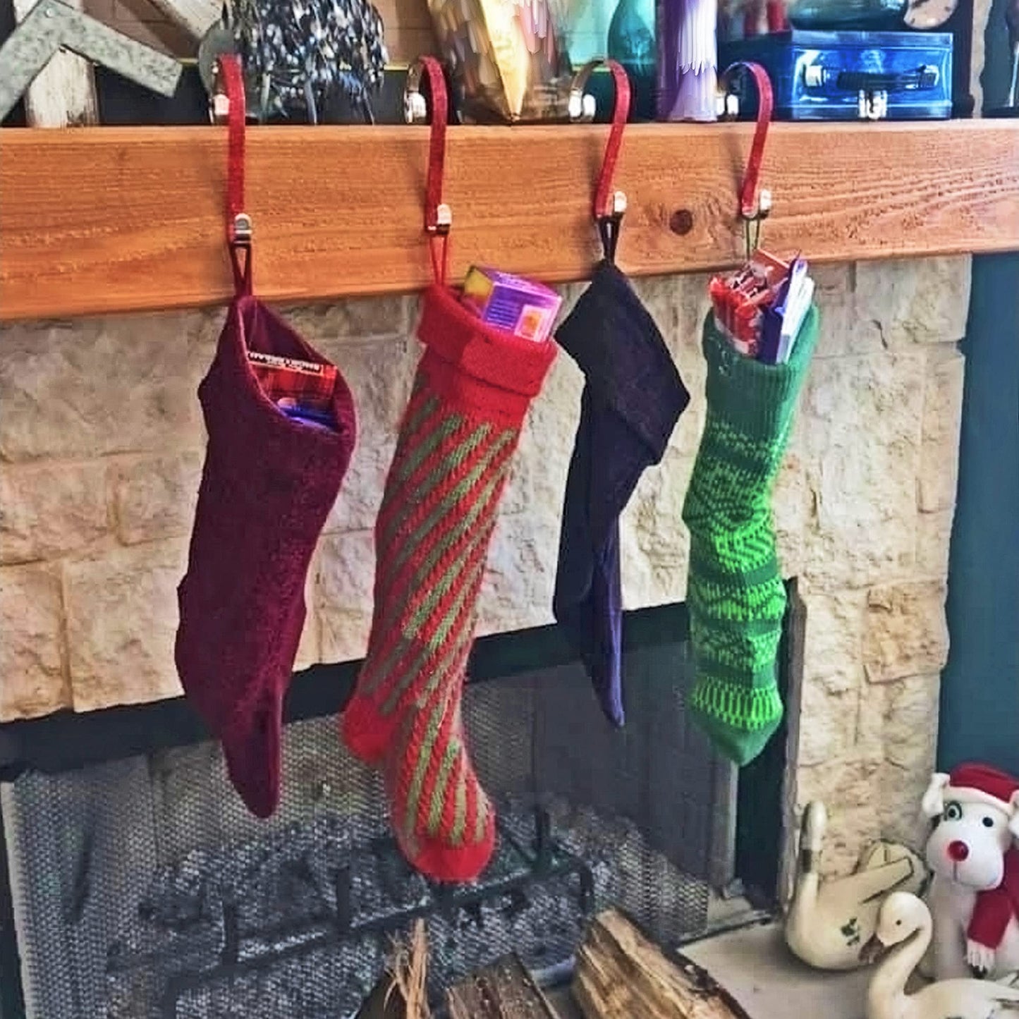 Haute Decor Stocking Scrolls Stocking Hanger - 4 Pack Glitter (Red) - Christmas Stocking Holder for Almost Any Mantel Size, Including Large