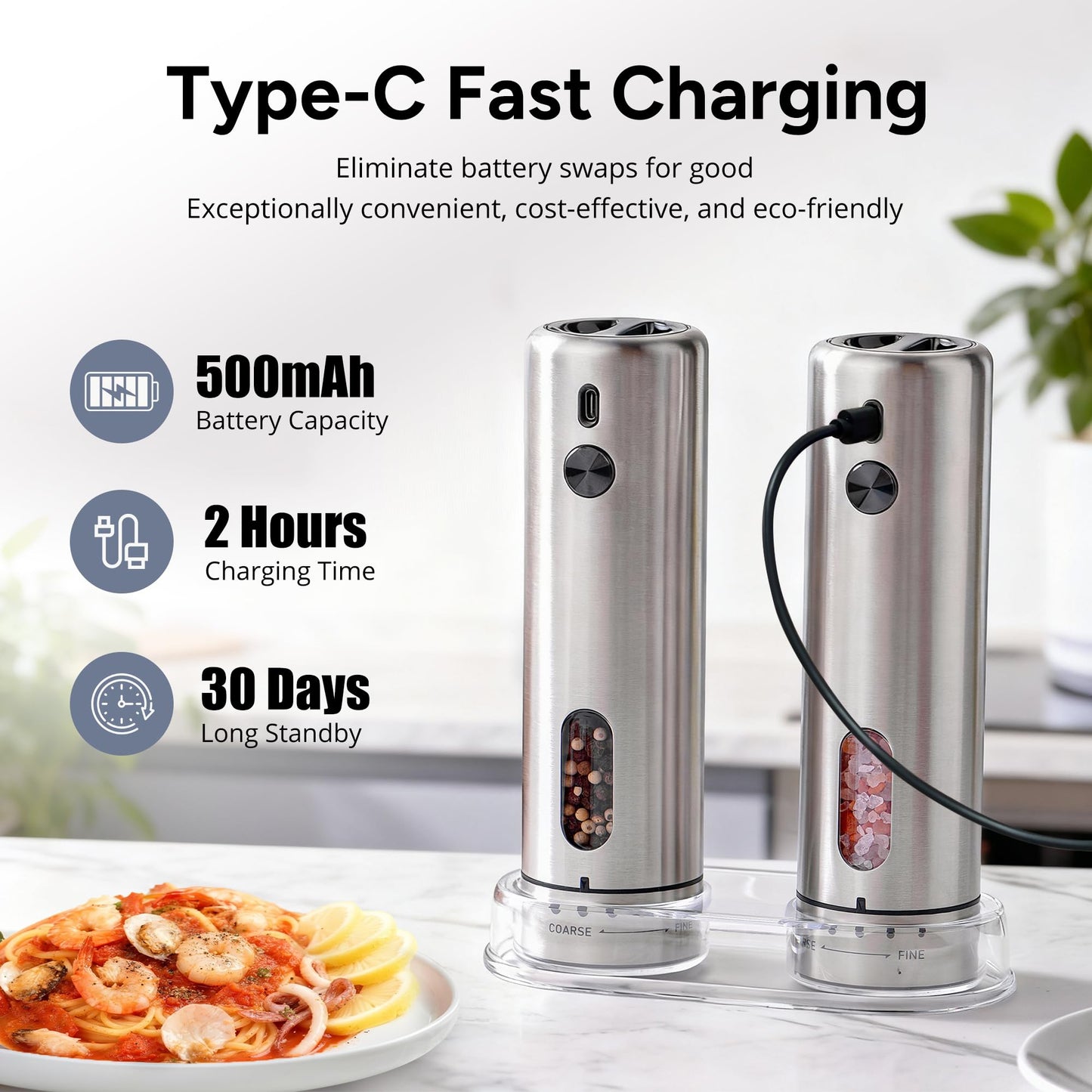 Rechargeable Electric Salt and Pepper Grinder Set with 6 Adjustable Coarseness, Large Capacity, LED Light, Stainless Steel Automatic Pepper Mill - BBQ Accessories, Cooking Gift for Dad, Men Women