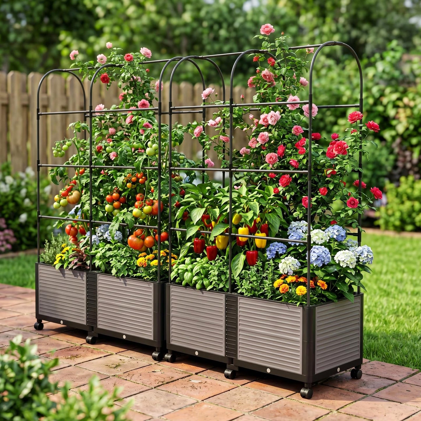 UrGROWA Raised Garden Bed Planter Box with Trellis, 73''H Tomato Planters for Climbing Plants Vegetable Vine Flowers Outdoor Patio Tomato Cage, Self Watering Planter with Wheels