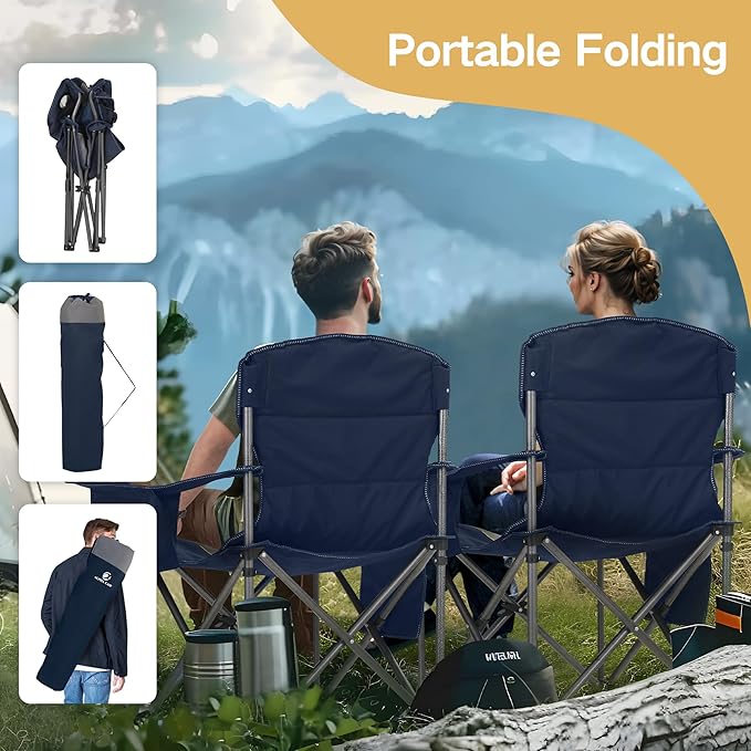 ALPHA CAMP Heavy Duty Camping Chair 500LBS Capacity, Oversized Folding Chair for Heavy People, Padded Portable Outdoor Chair with Cooler Bag & Cup Holder for Camping, Fishing, Beach