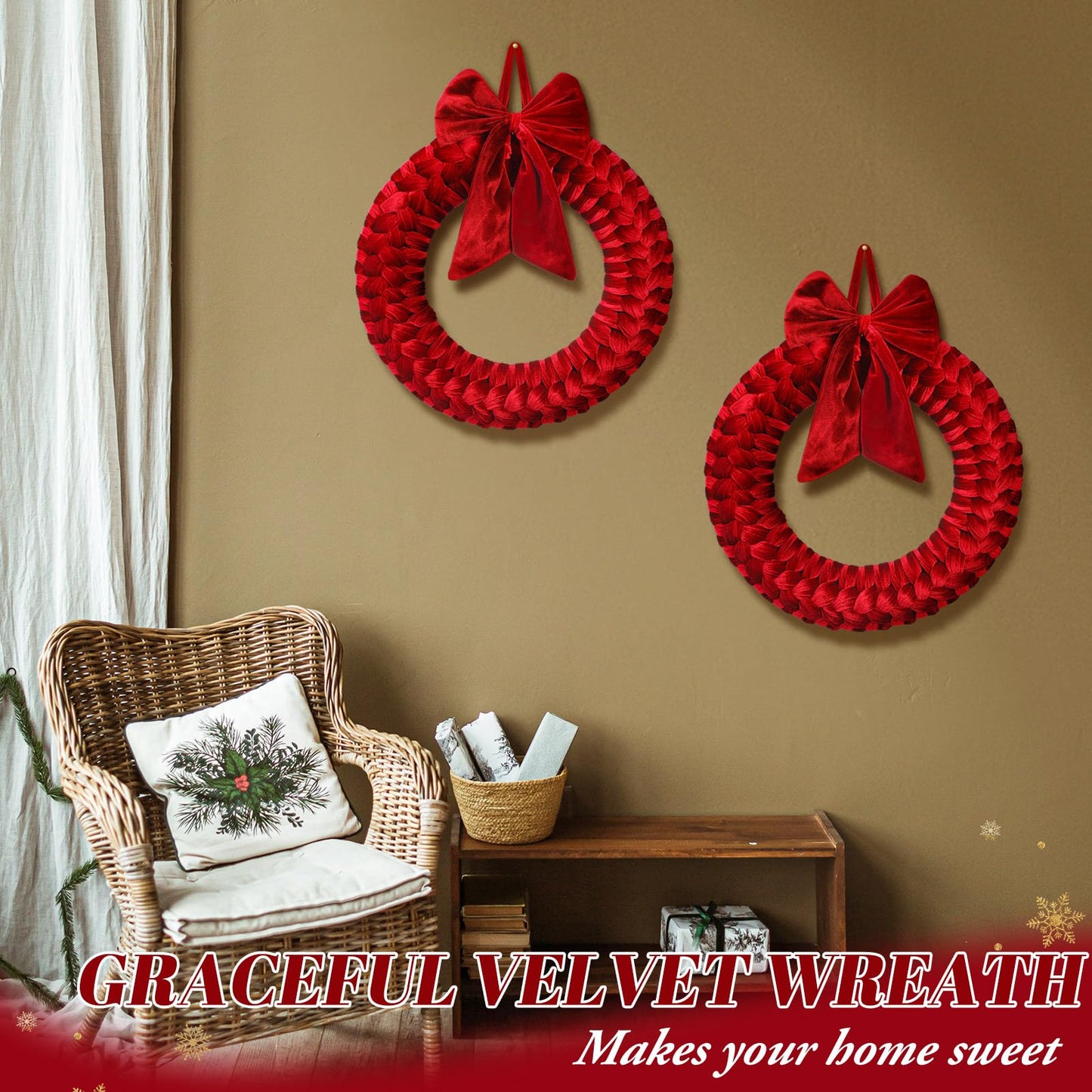Barydat Christmas Velvet Wreath 14" Wreaths for Front Door Velvet Christmas Wreath Ornament with Bow for Party Table Fireplaces Porch Walls New Years Home Decor (Burgundy)