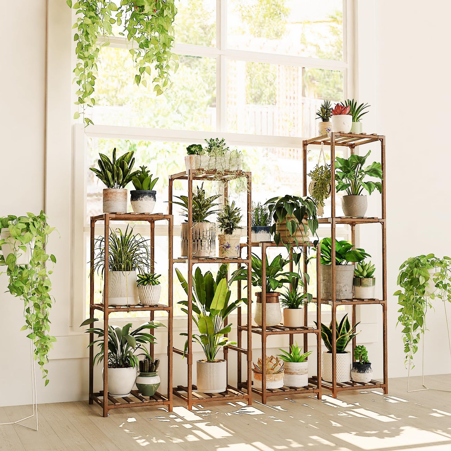 Bamworld Tall Plant Stands Indoor 4 Sets Plant Shelves Outdoor Wooden Plant Holder for Multiple Plants Flower Stands for Living Room Balcony Garden Patio Lawn Window