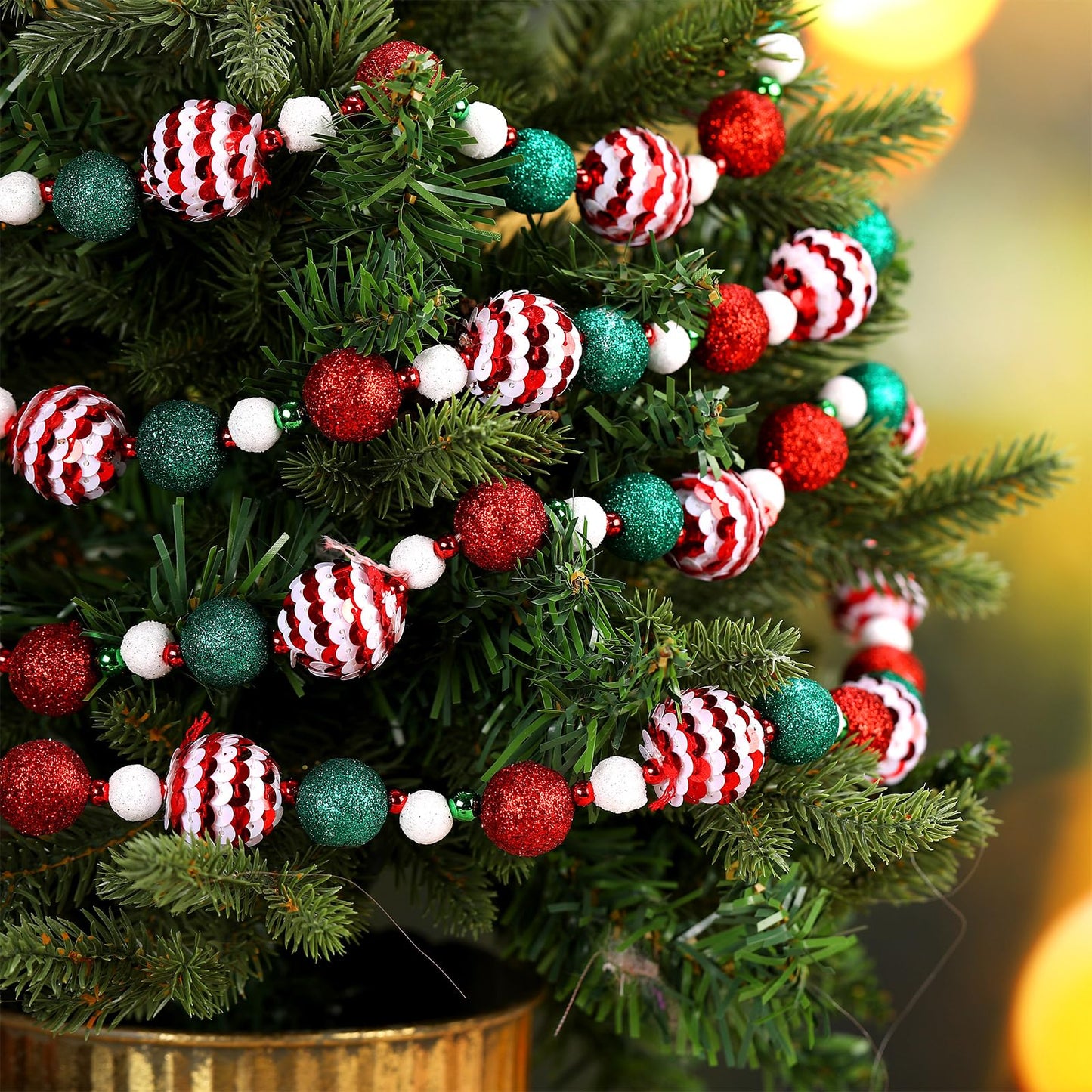 Jetec 16 ft Candyland Christmas Tree Beaded Garland Red Green White Peppermint Sequin Ball Garland Ornament Hanging for Christmas Tree Fireplace Retro Party Decorations