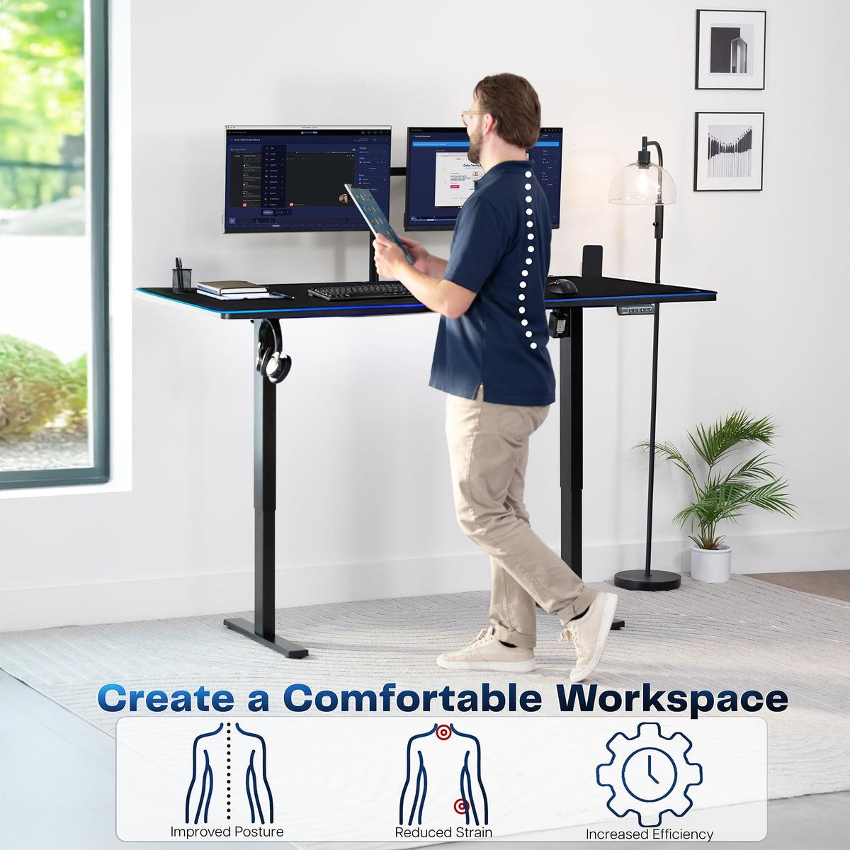 VIVO Electric 71 x 30 in Standing Desk with Full-Size RGB Mouse Pad, Memory Height Adjustment, 1B Series, Holds 220 lbs, Black Top Black Frame, DESK-KIT-1B7BP