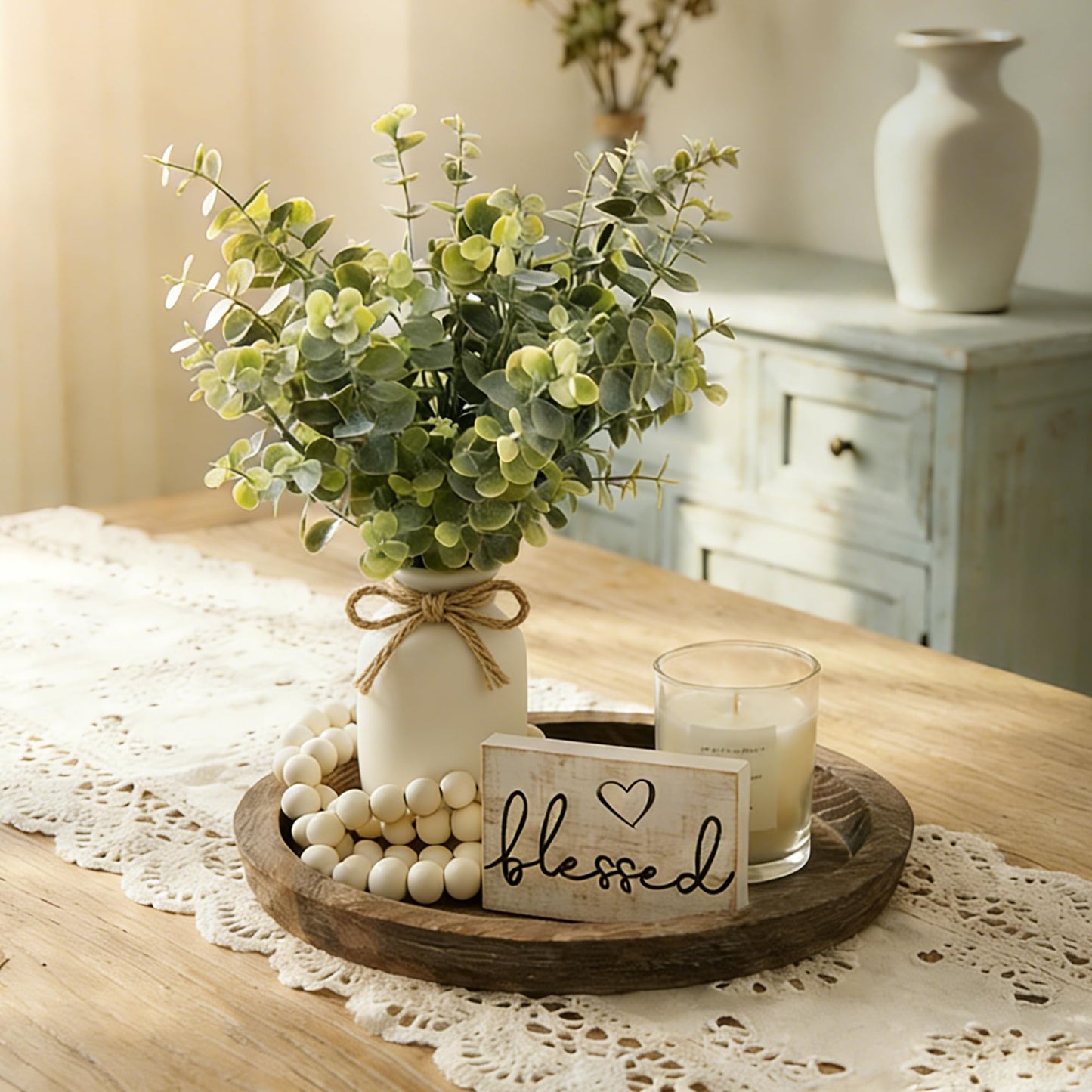 ZENLIV Rustic Modern Farmhouse Decor Set of 6 for Your Living Room, Kitchen Counter, Home or Table Centerpieces Room Decor, Wood Round Decorative Tray Gifts for Women Men