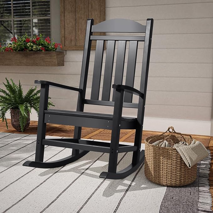 Devoko HDPE Rocking Chair Plastic Outdoor Indoor Patio Rocker Chair High Back All Weather Rocker for Patio Backyard Porch Garden (Black)