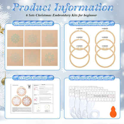 Roowest 6 Sets Christmas Embroidery Kits for Beginners Adults Winter Snowflake Cross Stitch Embroidery Ornament Kit DIY Craft Needlepoint Set with Pattern Instructions Thread Needle Ribbon(Tan)
